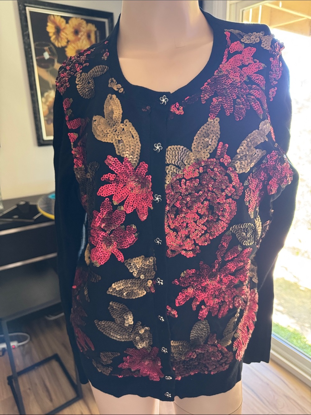 Black Sequin Floral Cardigan with Reddish & Gold Embellishments P10